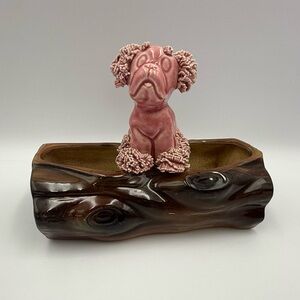 Vintage Ceramic Pink Dog On A Log Planter/Figurine Spaghetti Poodle